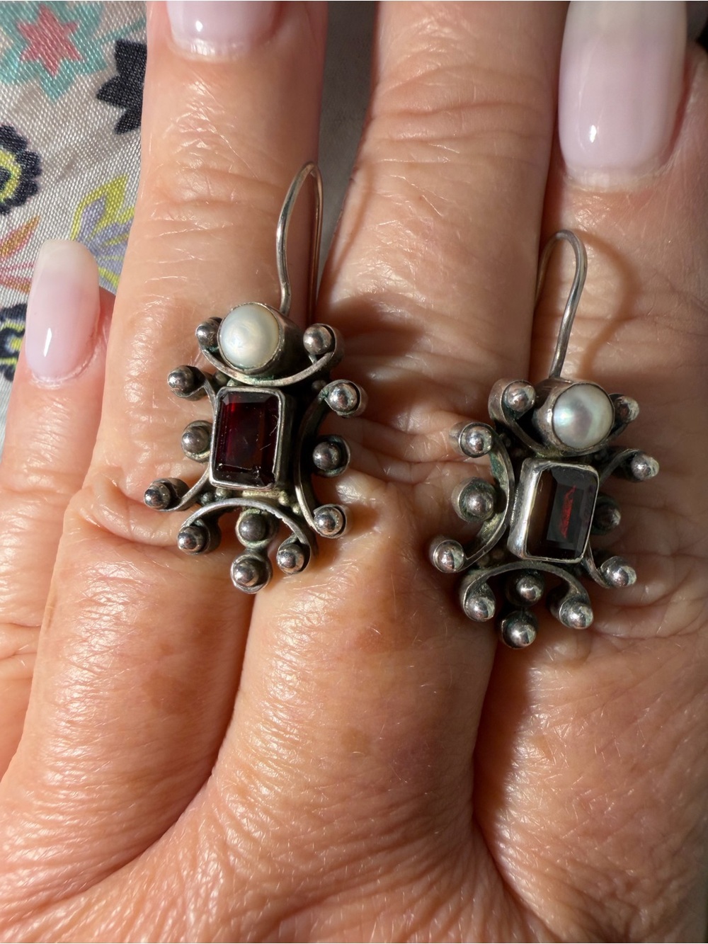 Sterling Silver Garnet and Pearl Drop Earrings